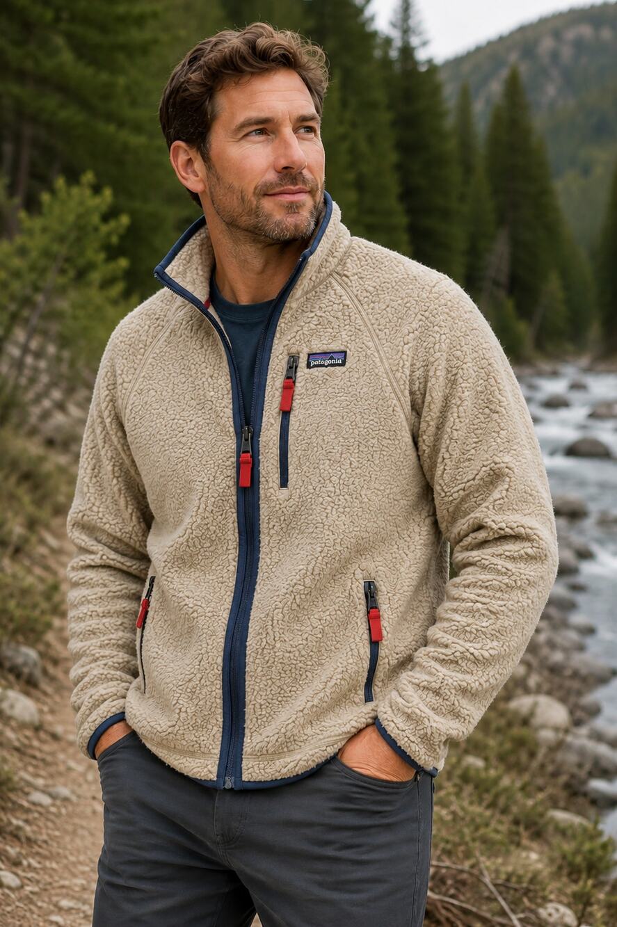 Patagonia Men's SZ L Retro Pile Fleece Jacket Pelican w/Smolder Blue